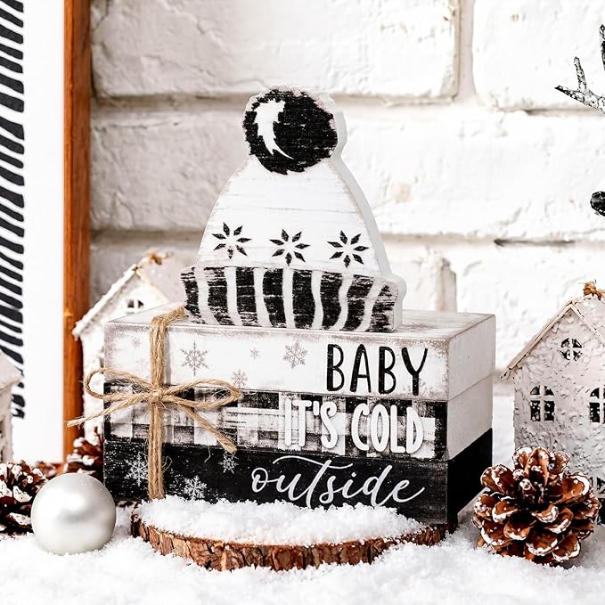Geelin 4 Pcs Winter Tiered Tray Decorations Wooden Book Stack Signs, Rustic Farmhouse 