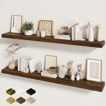 Fun Memories 60 Inch Fireplace Mantel - Long Floating Shelf, Wall Mounted Farmhouse Display with Invisible Heavy Duty Metal Bracket, Brown, 2 Pack