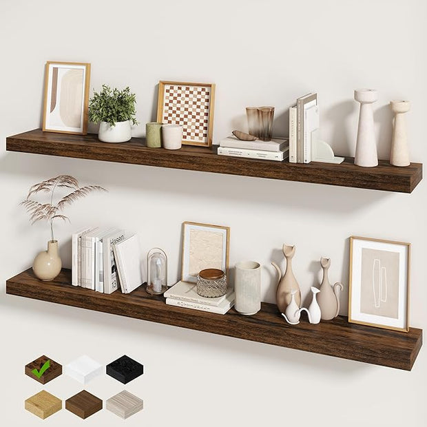 Fun Memories 60 Inch Fireplace Mantel - Long Floating Shelf, Wall Mounted Farmhouse Display with Invisible Heavy Duty Metal Bracket, Brown, 2 Pack