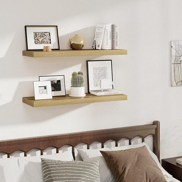 Fun Memories Deep Floating Shelves, 36" W x 12" D Wood Floating Shelves for Wall, 2 Pack Extra Deeper & Thicker Wall Mounted Storage Shelf for Living Room Laundry Room Kitchen Home Office, Oak