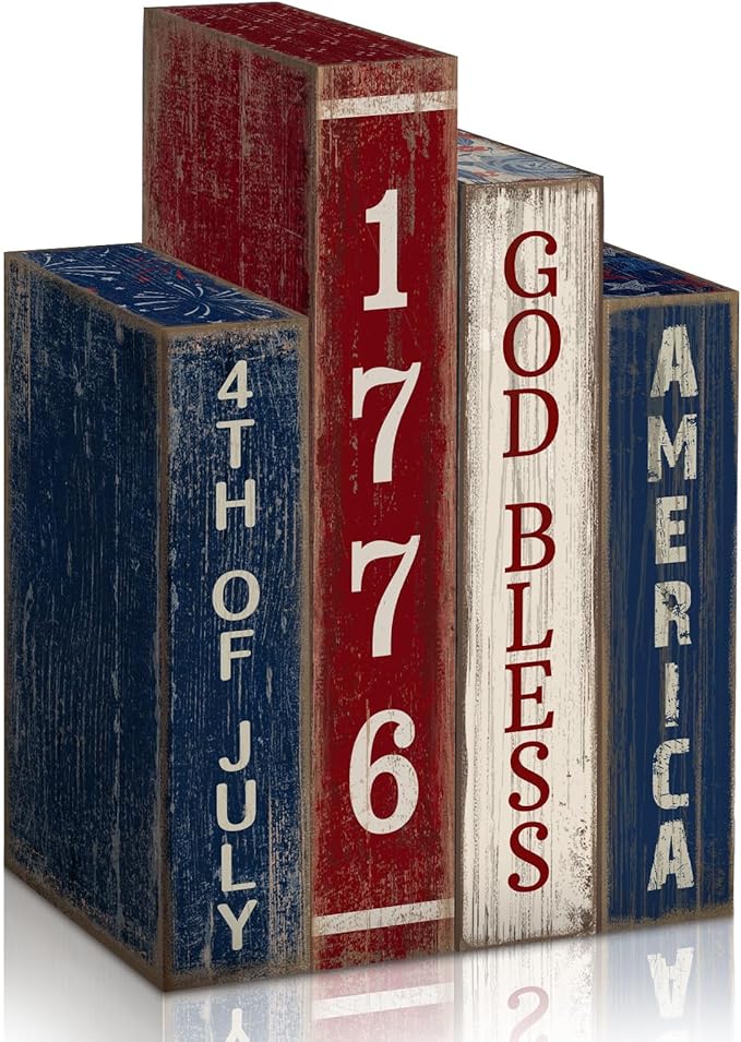 4 Pcs 4th of July Table Decoration Wooden Book 1776 God Bless America Decor Patriotic Tiered Tray Decor Farmhouse Red White and Blue American Block Signs for 250th Anniversary Home Shelf