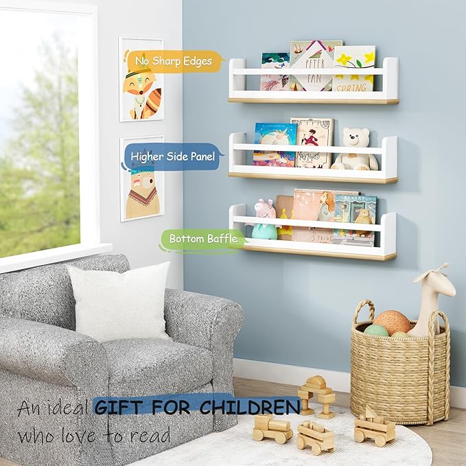 Floating Nursery Book Shelves for Wall, 24 Inch Long Wall Bookshelf for Kids Room, White and Natural Wood Hanging Bookshelves for Baby Toddler Childrens Kids Bedroom Bathroom (Set of 3)