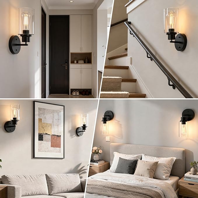 1-Light Black Bathroom Wall Sconce with Clear Glass Shade, Modern Vanity Light Fixture Over Mirror for Bathroom, Bedroom, Hallway, Living Room