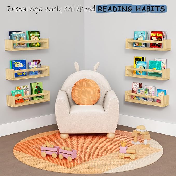 Floating Nursery Book Shelves for Wall, Natural Wood Wall Bookshelf for Kids Room Bedroom, Small Wooden Hanging Baby Book Shelf and Toy Organizer for Nursery Girl Boy Toddler Child - Set of 3