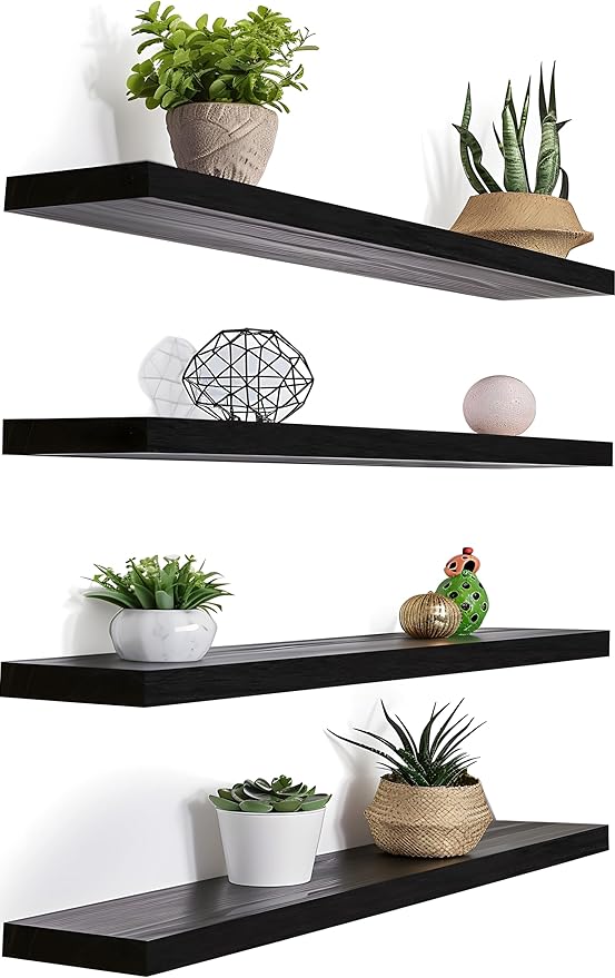 24 Inch Black Wood Floating Shelves for Wall Rustic Wall Shelf for Bedroom Living Room Set of 4