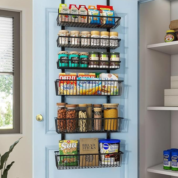 Over The Door Pantry Organizer, Pantry Organization and Storage, 6-Tier Deep Baskets Hanging Heavy-Duty Metal, Wall Spice Rack Seasoning Shelves for Home & Kitchen, Laundry Room Bathroom, Black