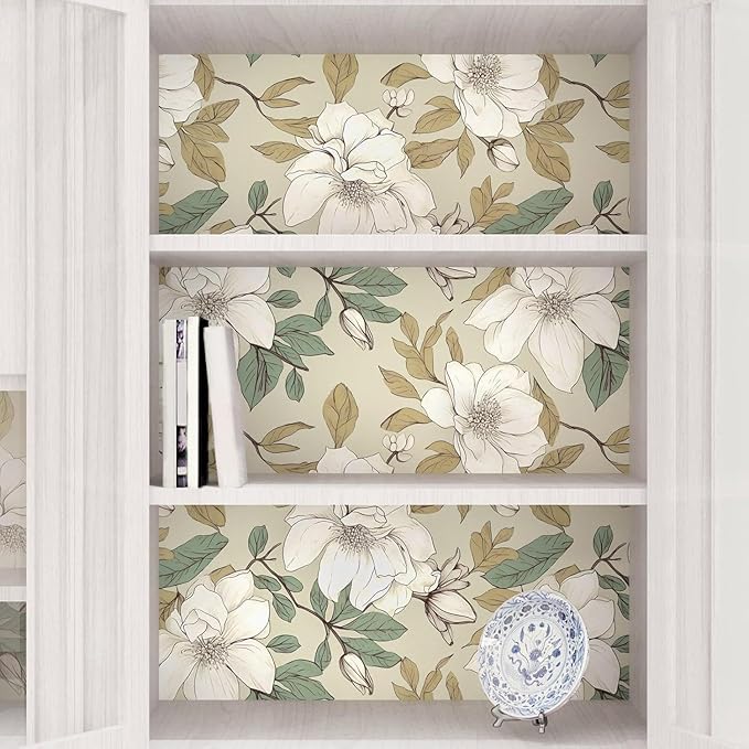 Floral Wallpaper Peel and Stick, Beige/White Flowers Contact Paper 17.5" x 393.7", Vintage Botanical Boho Wall Paper Waterproof Self Adhesive Removable for Room Shelves Cabinet Drawer Table Decor