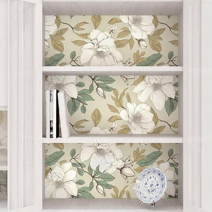 Beige Floral Wallpaper Peel and Stick, White Flowers Contact Paper, Vintage Botanical Boho Wall Paper Waterproof Self Adhesive Removable for Room Shelves Cabinet Drawer Table Decor 17.5" x 118"