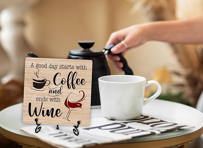 Coffee And Wine Desk Decor Sign, Rustic Wooden Sign With Stand, A Good Day Starts With Coffee And Ends With Wine Sign For Farmhouse Home Kitchen Bar Shelf Table, Gifts For Family Friend Coworker, C18