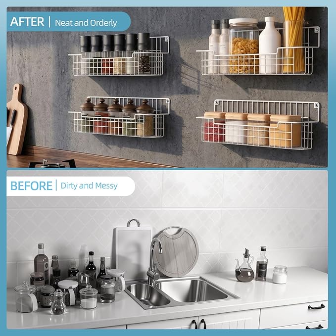 Spice Rack, 4-Pack Seasoning Organizer Wall Mounted for Kitchen Storage Organization, Metal Spice Holder Shelf for Cabinet, Pantry, White