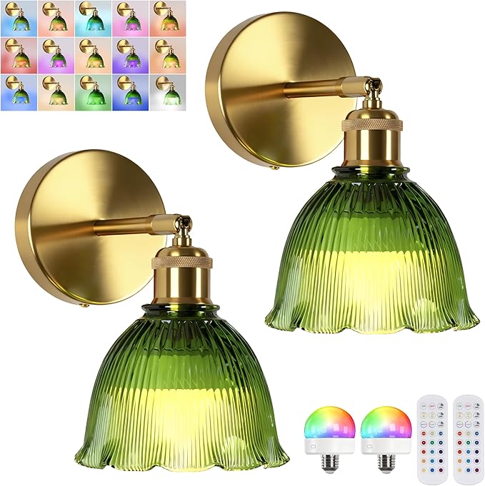 Jeanmsa Vintage Battery Operated Wall Sconce, Rechargeable RGB Dimmable Lights with Remote Control, Green Glass Cordless Mounted Lighting for Bedroom
