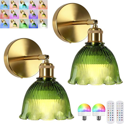 Jeanmsa Vintage Battery Operated Wall Sconce, Rechargeable RGB Dimmable Lights with Remote Control, Green Glass Cordless Mounted Lighting for Bedroom
