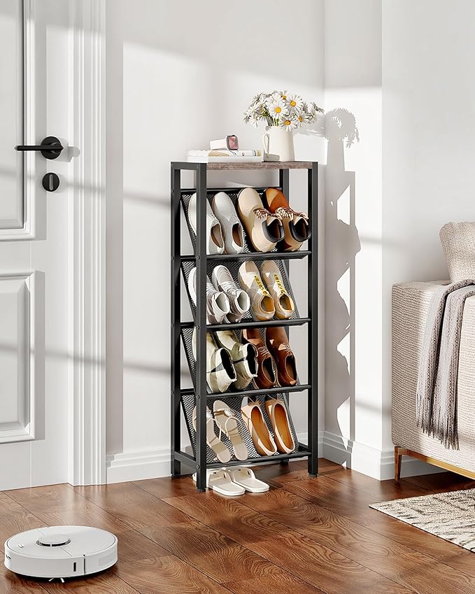 Shoe Rack, 5-Tier Slanted Shoe Rack, Narrow Shoe Storage Shelf, Slim Shoe Organizer for Entryway, Space-Saving, Wooden Top and Metal Frame, for Entryway, Hallway, Greige and Black TXJ03BG