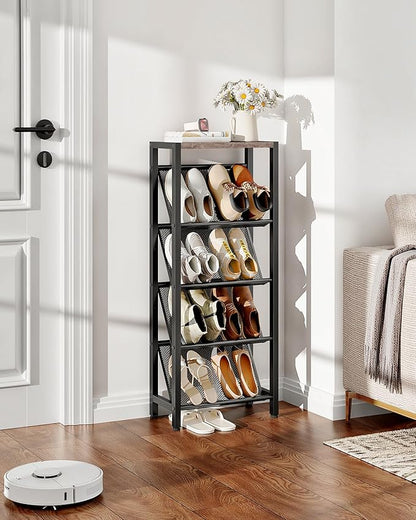Shoe Rack, 5-Tier Slanted Shoe Rack, Narrow Shoe Storage Shelf, Slim Shoe Organizer for Entryway, Space-Saving, Wooden Top and Metal Frame, for Entryway, Hallway, Greige and Black TXJ03BG