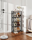 Shoe Rack, 5-Tier Slanted Shoe Rack, Narrow Shoe Storage Shelf, Slim Shoe Organizer for Entryway, Space-Saving, Wooden Top and Metal Frame, for Entryway, Hallway, Greige and Black TXJ03BG