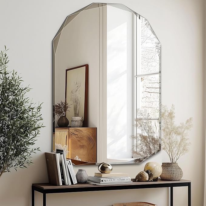 Suidia Bathroom Mirror, 26"x 38" Wall Mirror, Frameless Bathroom Mirror with Beveled Edge for Bedroom, Living Room, Entryway, Hallway, Arched Shape