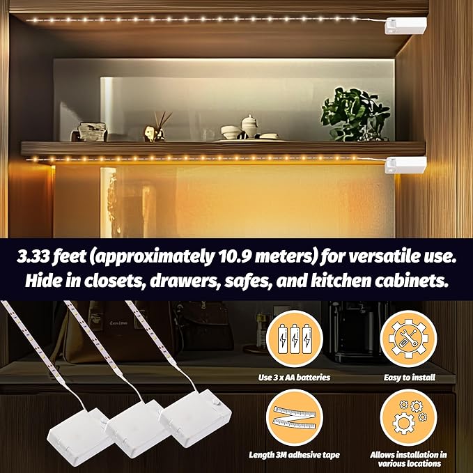 Lights Strip Led Strip Lighting Battery Powered 3-Pack, Wireless LED Light Strip Suitable for Lighting Under Cabinet Closet Shelves Shoe Cabinet Bookshelf Home Kitchen Outdoor Indoor