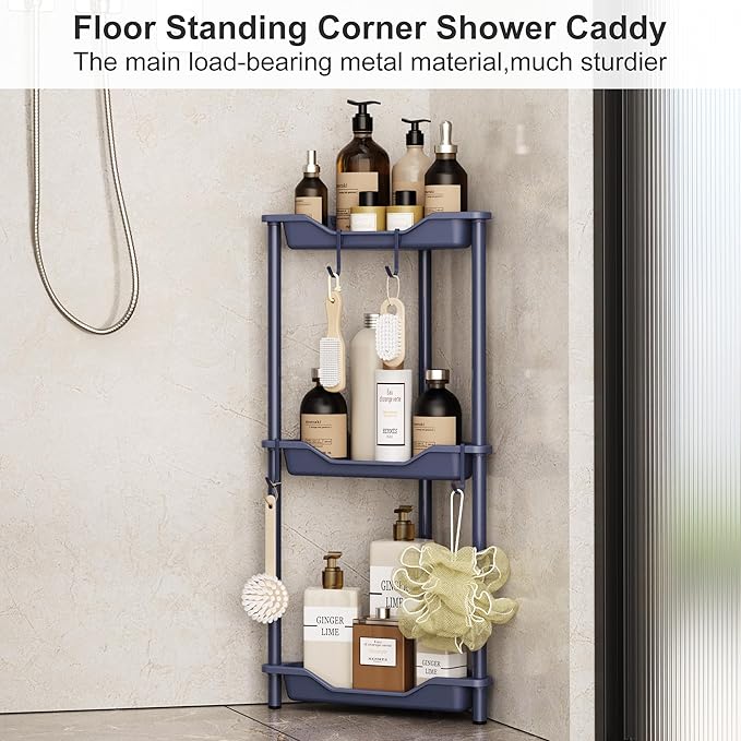 Orimade Rustproof 3 Tier Floor Standing Corner Shower Caddy Organizer, Plastic Metal Splicing Floor Corner Shelf Rack Stands for Bathroom, Bluish-Purple