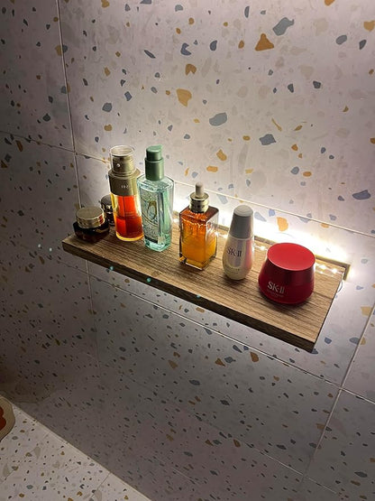Floating Shelves for Wall Decor Wood Wall Mounted Shelves with LED Lights Set of 2, Sturdy Rustic Wood Shelves Farmhouse Shelf Hanging for Bedroom, Bathroom, Living Room, Kitchen (USB Powered)