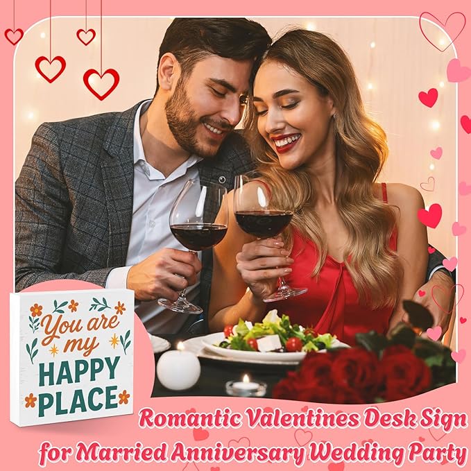 Valentines Desk Decor, Valentine's Day Home Office Table Sign for Wife Daughter from Dad Husband, Valentine Gifts Decorations for Porch Tiered Tray Shelf Party, You Are My Happy Place