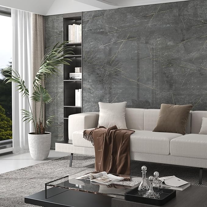 JSEVEM 31"×354" Extra Wide Thick Large Size Dark Grey Cyan Gold Marble Wallpaper Peel and Stick Glossy Gray Cyan Marble Contact Paper Faux Granite Wall Sticker for Bedroom Bathroom Living Room Walls