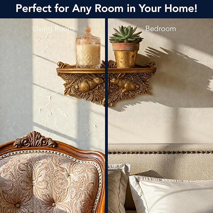 American Art Decor Vintage Ornate Resin Rabbits & Carrot Manor Floating Wall Mounted Shelf in Antique Gold - Rococo Baroque Shabby Chic Ledge for Small Displays