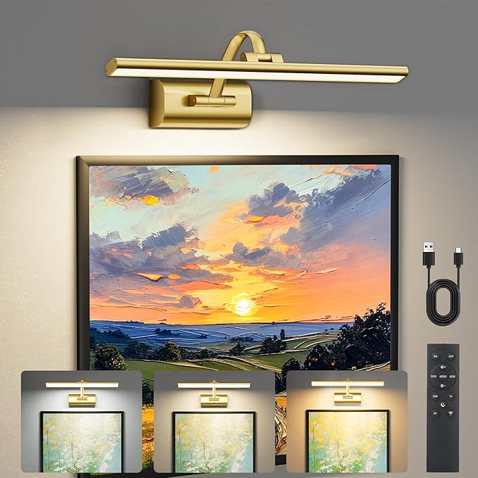 AIFEI Picture Lights for Wall Battery Operated, Rechargeable Wireless Picture Light with Remote Control, Dimmable Art Lighting for Paintings, Gallery Frame Display Light, 16" Wall Picture Lamp, Brass