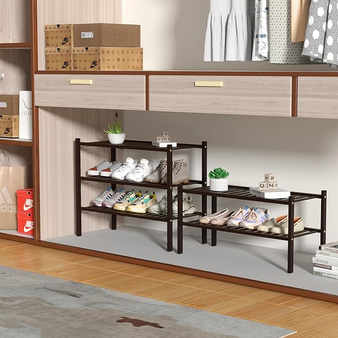 3 Tier Bamboo Shoe Rack for Closet Free Standing Wood Shoe Shelf for Entryway Small Space Stackable 27