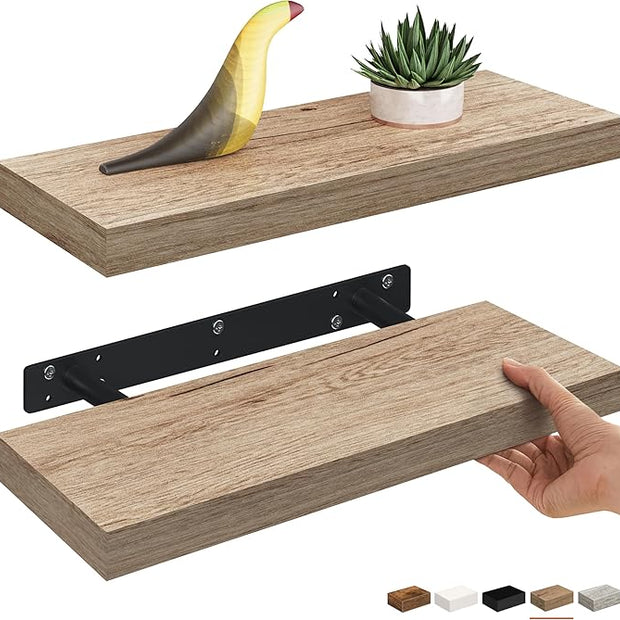 Ballucci Floating Shelves, 16" Wood Wall Shelf Set of 2, Invisible Brackets Floating Shelf Bathroom Wall Decor, Living Room, Bedroom, Kitchen, Nursery, 6" Deep, Natural Oak