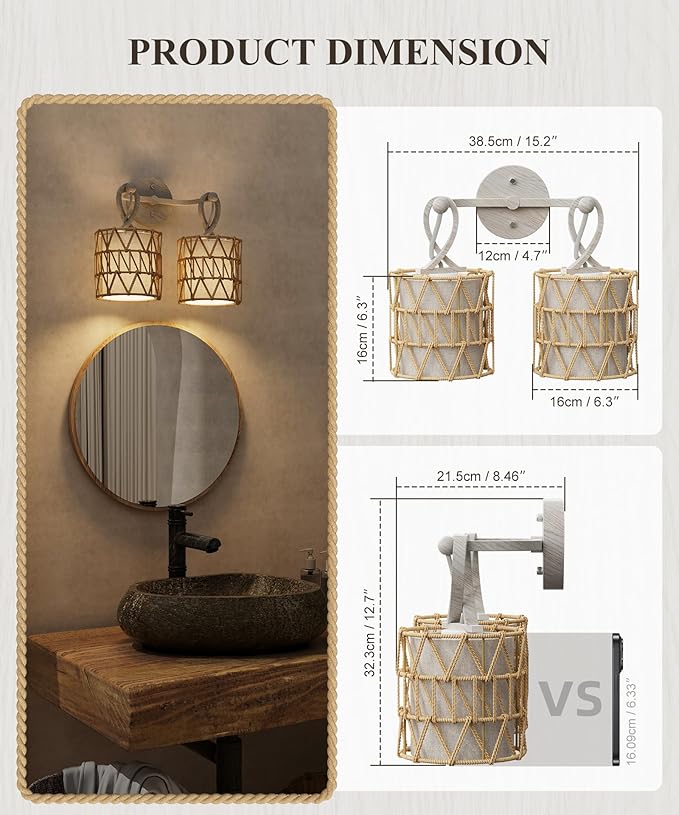 N12-3 Two-Lights Boho Rattan Wall Sconce - Vanity Lights Fixtures for Mirror, Cross-Woven Shade & Hardwired Wall Lamp with Woodgrain Metal Frame, E26 Bulb Base