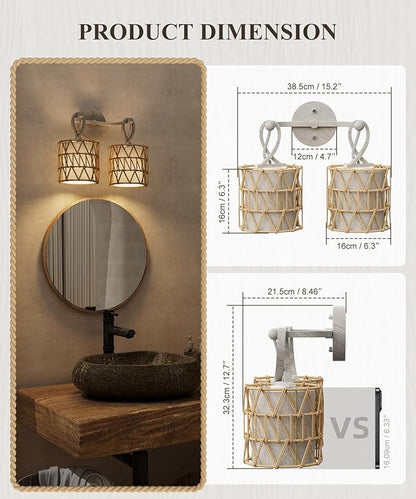 N12-3 Two-Lights Boho Rattan Wall Sconce - Vanity Lights Fixtures for Mirror, Cross-Woven Shade & Hardwired Wall Lamp with Woodgrain Metal Frame, E26 Bulb Base