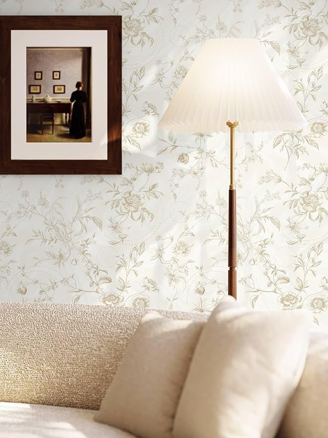 Ismoon Peel and Stick Wallpaper Floral Vintage Stick on Wall Paper Beige French Textured Contact Paper for Cabinet Removable Self Adhesive Wallpaper Vinyl Roll Shelf Deco, 17.3x118in
