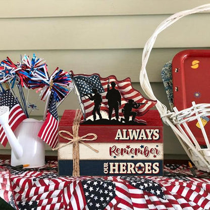 Geelin 4 Pcs Memorial Day Wooden Book Stack Decorations, Patriotic Tabletop Book Sign with Soldiers and American Flag, Rustic Red White Blue Tiered Tray Decor for Home Office Veterans Day