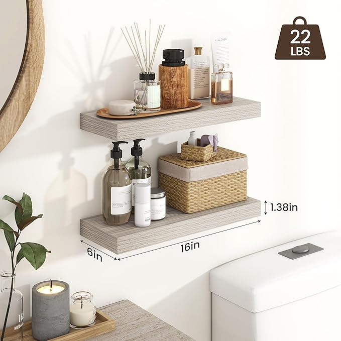 Heimlove 16 inch Grey Floating Shelves for Wall,6.7 inch Deep Small Bathroom Over Toilet Shelf,Wall Mounted Wood Shelves for Bedroom,Living Room,Kitchen,Office,Set of 2