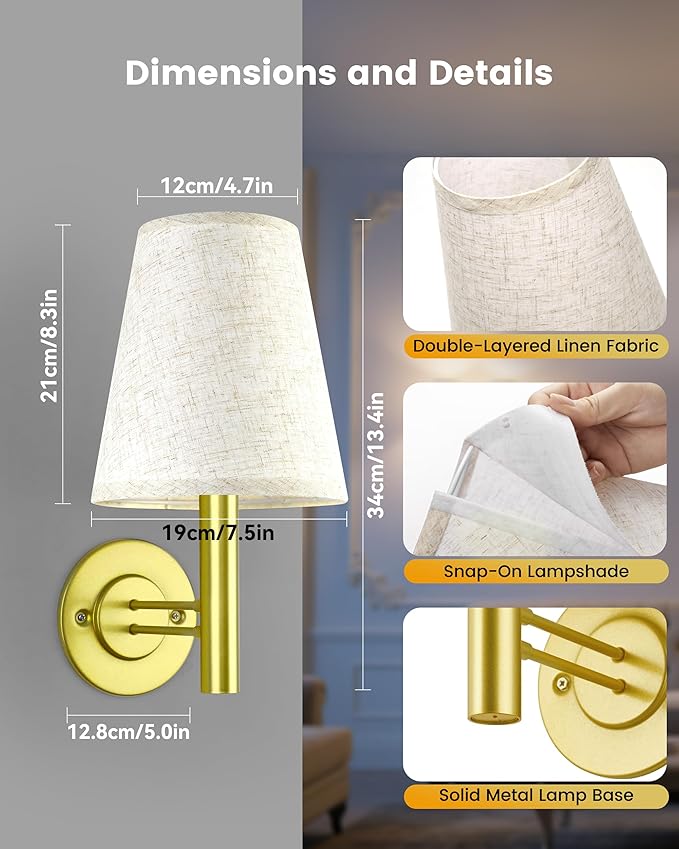 Battery Operated Wall Sconces Lights for Bedroom Set of 2, Wireless Rechargeable LED Wall Lamp with Remote & Touch Control, Wall Mount Lighting Fixture for Living Room, Satin Gold