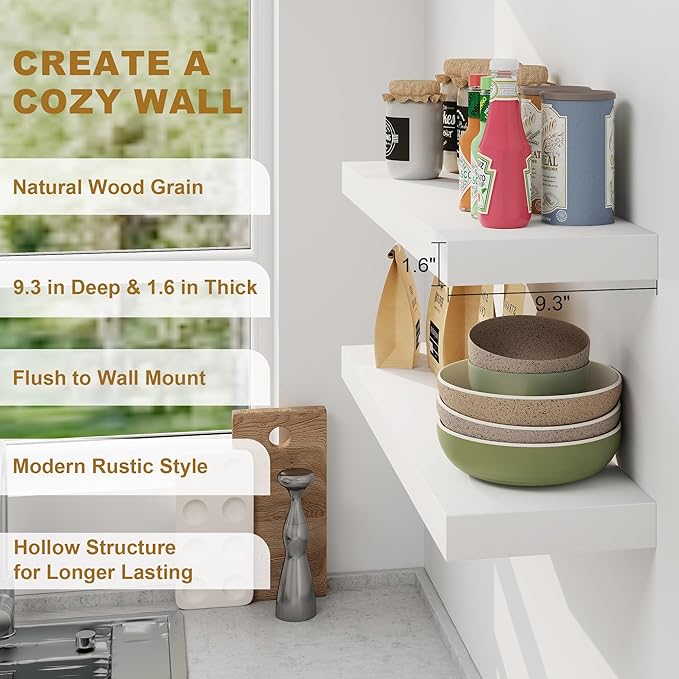 Fun Memories Floating Shelves, 9.3'' Deep Solid Pine Wood Wall Shelves for Storage, Wall Mounted Display Shelf with Invisible Heavy-Duty Metal Bracket, 24'' Width Set of 2, White