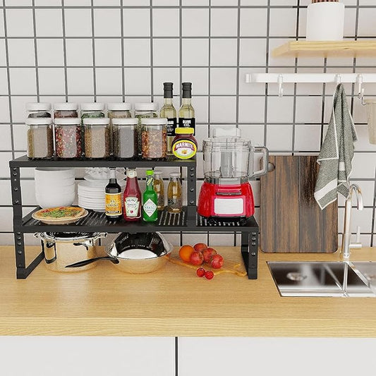 Expandable Cabinet Shelf Organizer Storage Spice Rack Shelves for Kitchen Stackable Adjustable Pantry Cupboard Bathroom Countertop Desktop(2Packs/Black/Large-with Hole)