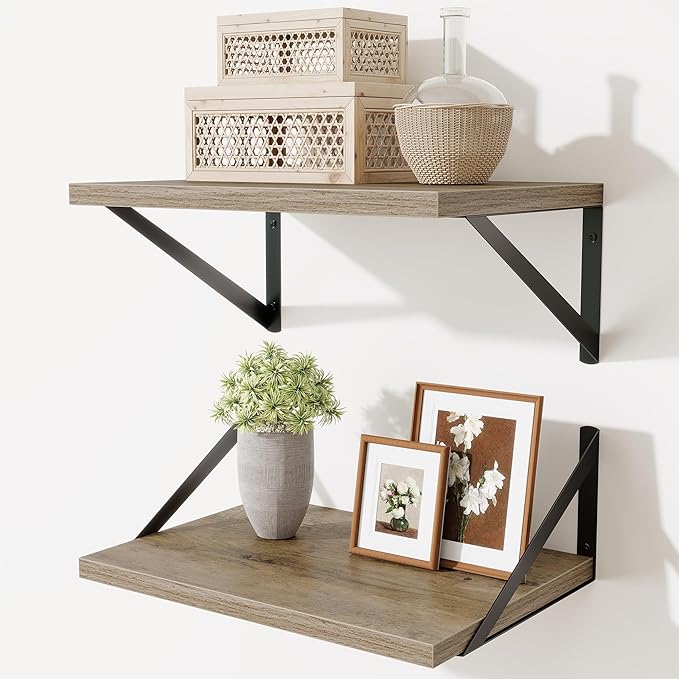 Deep Floating Shelves,16" Wx10 D Floating Shelves for Wall Set of 2,Heavy Duty Wood Floating Shelf with Metal Bracket,Wall Mounted Hanging Shelf for Living Room Bedroom Bathroom Kitchen,Grey
