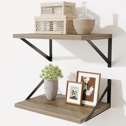 Deep Floating Shelves,16" Wx10 D Floating Shelves for Wall Set of 2,Heavy Duty Wood Floating Shelf with Metal Bracket,Wall Mounted Hanging Shelf for Living Room Bedroom Bathroom Kitchen,Grey