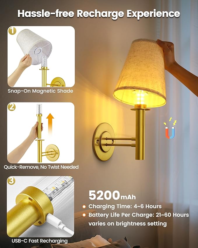 Battery Operated Wall Sconces Lights for Bedroom Set of 2, Wireless Rechargeable LED Wall Lamp with Remote & Touch Control, Wall Mount Lighting Fixture for Living Room, Satin Gold