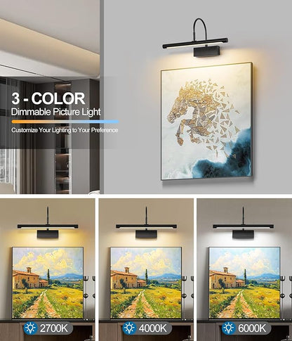 Picture Light, 5000mAh Battery Rechargeable Wall Sconce,16 inch Black Art Painting Light with Remote Dimmable, 3 Color temperatures & Timmer Art Lights for Paintings,Picture Frame,Gallery