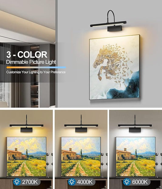 Picture Light, 5000mAh Battery Rechargeable Wall Sconce,16 inch Black Art Painting Light with Remote Dimmable, 3 Color temperatures & Timmer Art Lights for Paintings,Picture Frame,Gallery
