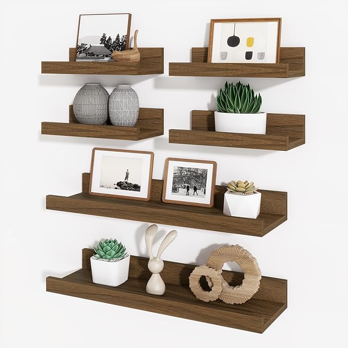 Axeman Picture Ledge Shelf, Floating Shelves for Wall Decor Storage Set of 6, 16 inch Floating Wall Mounted Shelves, Shelves with Lip for Living Room, Bedroom, Nursery, Bathroom, Kitchen, Walnut