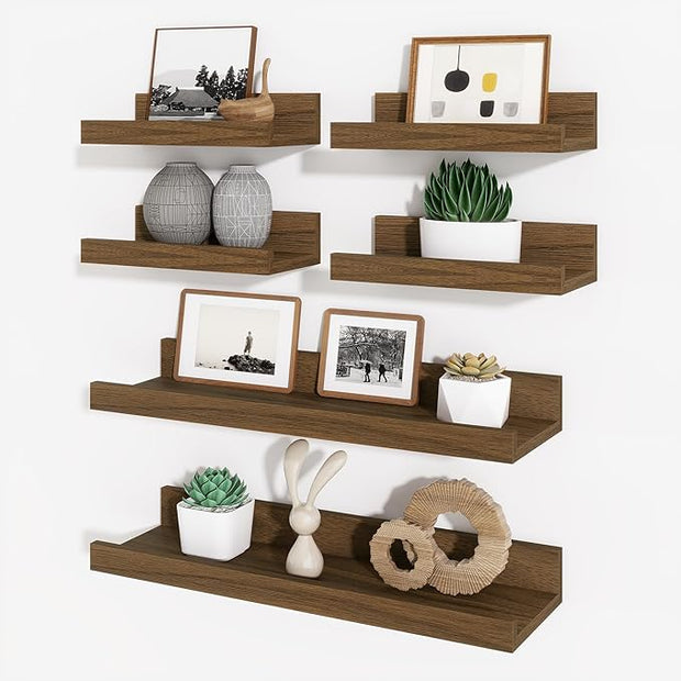 Axeman Picture Ledge Shelf, Floating Shelves for Wall Decor Storage Set of 6, 16 inch Floating Wall Mounted Shelves, Shelves with Lip for Living Room, Bedroom, Nursery, Bathroom, Kitchen, Walnut