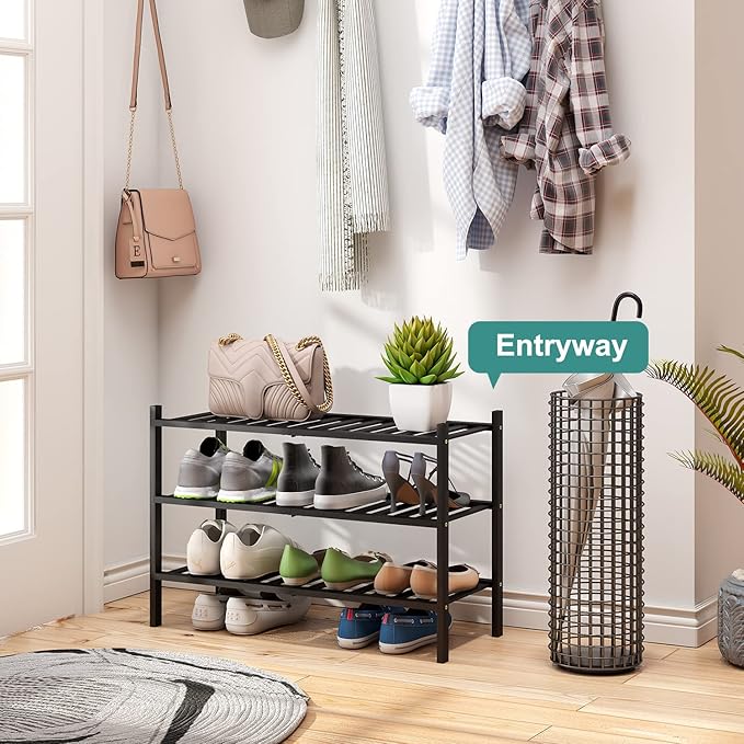 3-Tier Black Bamboo Shoe Rack for Entryway, Stackable | Foldable | Natural, Shoe Shelf Storage Organizer for Hallway Closet, Free Standing Shoe Racks for Indoor Outdoor