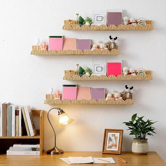Pinkunn 4 Pcs Nursery Book Shelves 35.4 Inch Rattan Scalloped Floating Bookshelves Wicker Boho Book Shelf for Wall Mounted Decor Nursery Rooms Hanging
