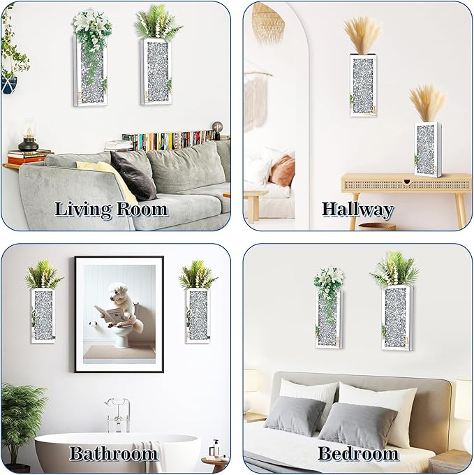 Crushed Diamond Mirrored Wall Decor Vase Crystal Silver Mirror Flower Vase Stunning Decorative Glass Hanging Planter for Home Decor Living Room Dining Room Bedroom Wall Decor.Can't Hold Water(2 Set)
