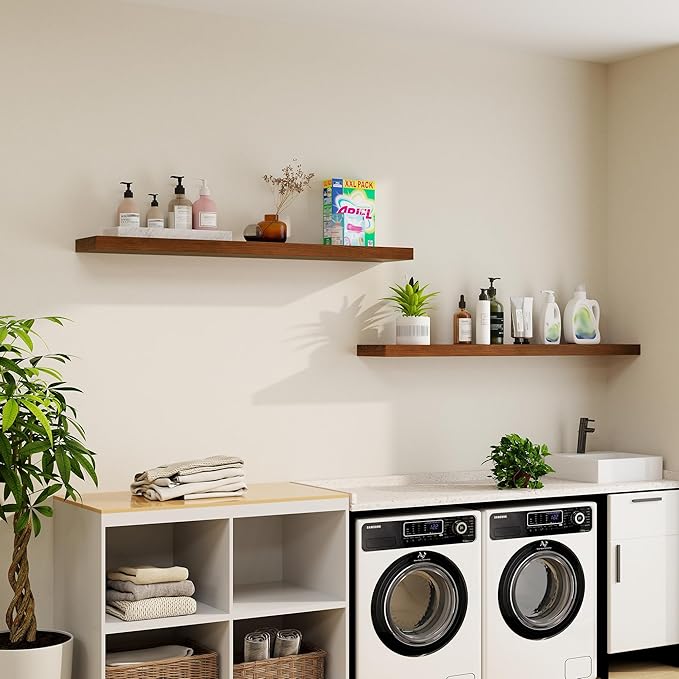 RICHFOCUS Floating Shelves for Wall | 55W x 9.3D Rustic Floating Shelves with Solid Ash Wood Veneer Set of 1 | Long Wall Shelves with Upgraded Brackets | for Living Room Bathroom Home Office