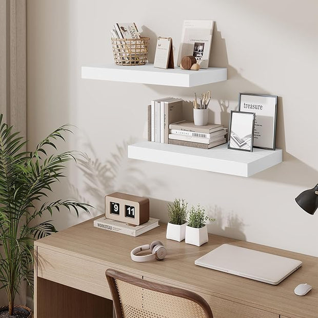 Fun Memories 24 Inch Floating Shelves Wall-Mounted, 12 Inch Deep Wall Shelves, 24 x 12 Floating Shelf, Deep Storage Shelf for Living Room Bathroom Bedroom, White, Set of 2
