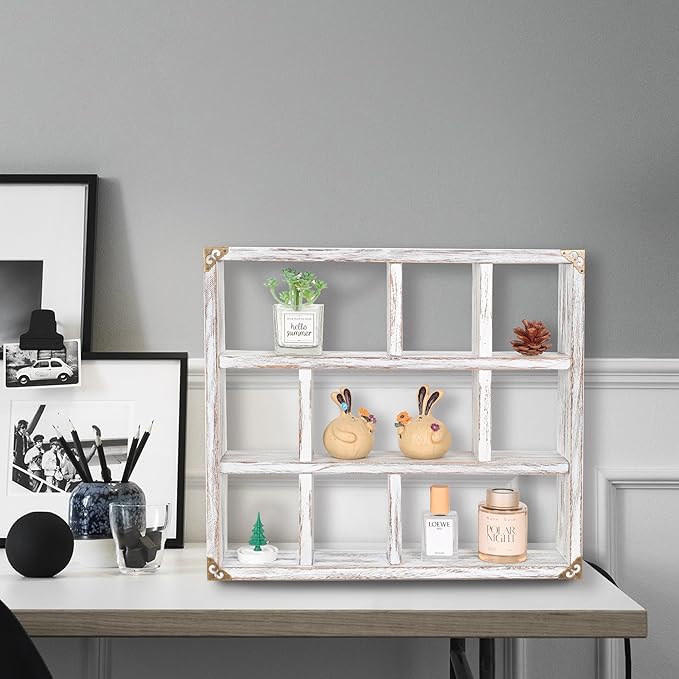 17.7x15.7-Inch Shadow Box Shelf 9-Slot Rustic Floating Shelves Larger Wall Mounted Shelf Lightweight Solid Wood Display Shelf Freestanding Farmhouse(9C-Rustic White)